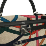 Pre-owned Hermes Kelly Sellier 32 Ficelle-Multicolor Toile De Camp Cavalcadour and Black Swift Palladium Hardware