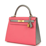 Pre-owned Hermes Special Order (HSS) Kelly Sellier 28 Rose Azalee and Gris Mouette Epsom Brushed Gold Hardware