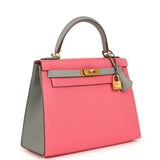 Pre-owned Hermes Special Order (HSS) Kelly Sellier 28 Rose Azalee and Gris Mouette Epsom Brushed Gold Hardware