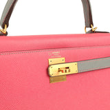 Pre-owned Hermes Special Order (HSS) Kelly Sellier 28 Rose Azalee and Gris Mouette Epsom Brushed Gold Hardware