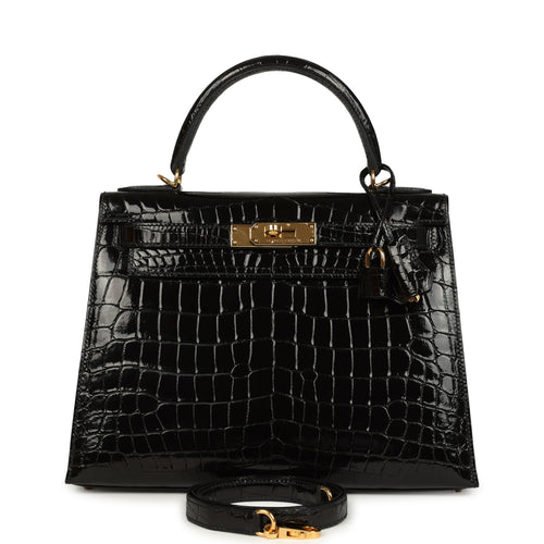 Pre-owned Hermes Kelly Sellier 28 Black Shiny Niloticus Crocodile Gold Hardware