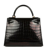 Pre-owned Hermes Kelly Sellier 28 Black Shiny Niloticus Crocodile Gold Hardware