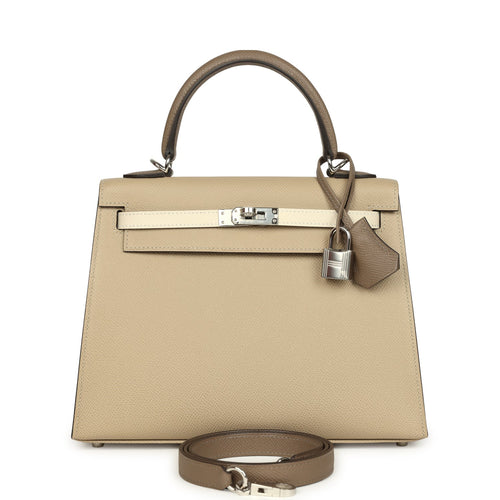 Hermes Kelly Sellier 25 Tri-Color Etoupe, Craie, Trench Epsom Palladium Hardware