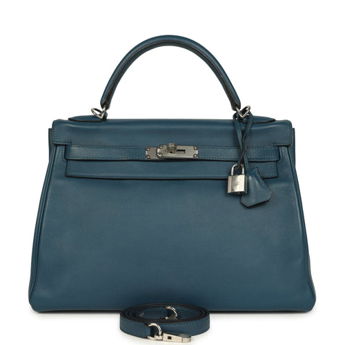 Pre-owned Hermes Kelly Retourne 32 Bleu De Malte Swift Palladium Hardware