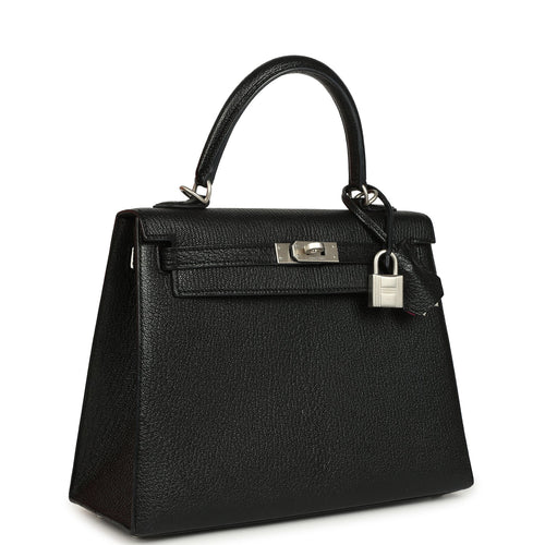 Pre-owned Hermes Special Order (HSS) Kelly Sellier 25 Black Verso Chevre Mysore Brushed Palladium Hardware