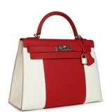Pre-owned Hermes Flag Kelly Sellier 32 Rouge Casaque and White Epsom Palladium Hardware
