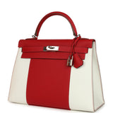 Pre-owned Hermes Flag Kelly Sellier 32 Rouge Casaque and White Epsom Palladium Hardware