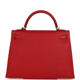 Pre-owned Hermes Flag Kelly Sellier 32 Rouge Casaque and White Epsom Palladium Hardware