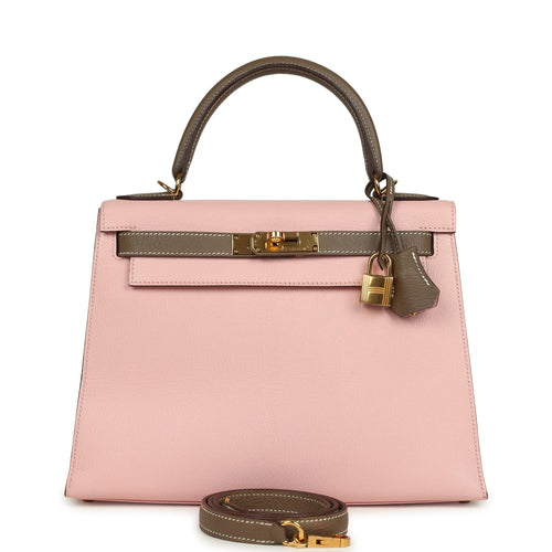 Pre-owned Hermes Special Order (HSS) Kelly Sellier 28 Rose Sakura and Etoupe Chevre Gold Hardware