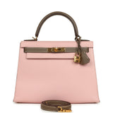 Pre-owned Hermes Special Order (HSS) Kelly Sellier 28 Rose Sakura and Etoupe Chevre Gold Hardware