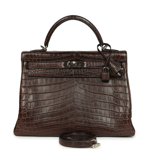 Vintage Hermes Kelly Retourne 32 Marron Fonce Matte Niloticus Crocodile Palladium Hardware