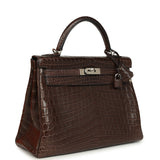 Vintage Hermes Kelly Retourne 32 Marron Fonce Matte Niloticus Crocodile Palladium Hardware