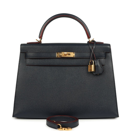 Pre-owned Hermes Kelly Sellier 32 Bleu Indigo and Rouge H Contour Epsom Gold Hardware