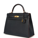 Pre-owned Hermes Kelly Sellier 32 Bleu Indigo and Rouge H Contour Epsom Gold Hardware