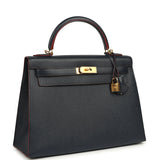Pre-owned Hermes Kelly Sellier 32 Bleu Indigo and Rouge H Contour Epsom Gold Hardware