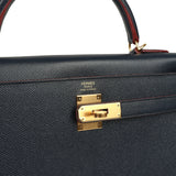Pre-owned Hermes Kelly Sellier 32 Bleu Indigo and Rouge H Contour Epsom Gold Hardware