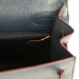 Pre-owned Hermes Kelly Sellier 32 Bleu Indigo and Rouge H Contour Epsom Gold Hardware