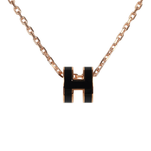 Hermes Mini Pop H Pendant Necklace Black Enamel Lacquered Rose Gold Hardware
