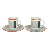 Hermes "Tressages Equestres" Orange, White and Blue Porcelain Coffee Cup & Saucer Set of 2