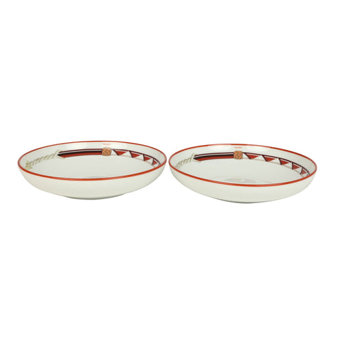 Hermes Medium "Tressages Equestres" Orange, White and Blue Porcelain Hollow Plate Set of 2