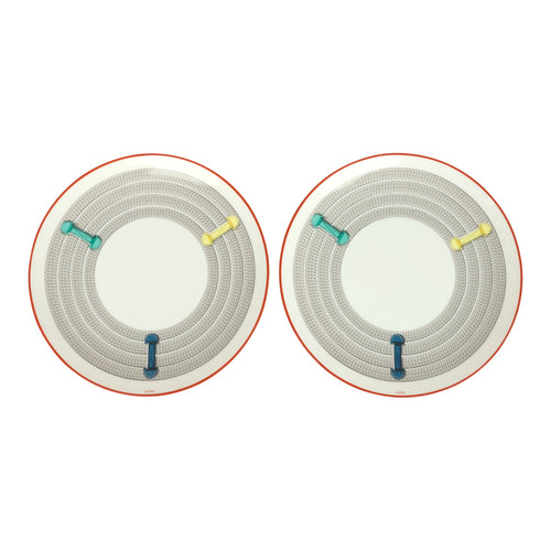 Hermes "Tressages Equestres" Orange, White and Blue Porcelain Dessert Plate Set of 2