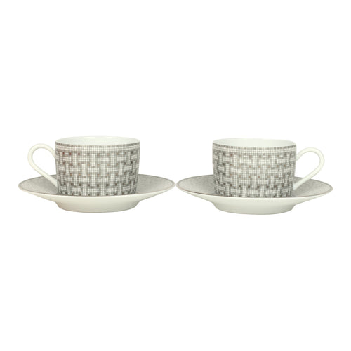 Hermes "Mosaique Au 24" White & Grey Porcelain Tea Cup and Saucer Set