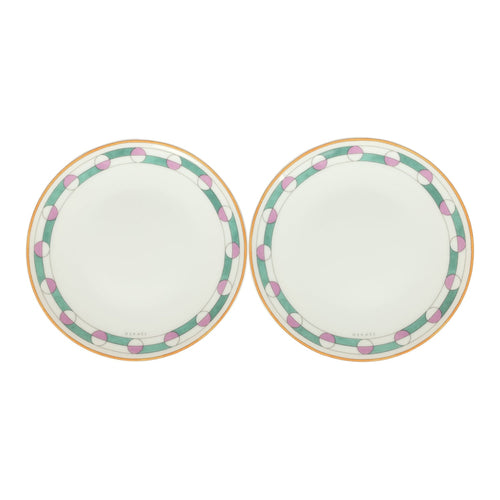 Hermes En Contrepoint White, Pink, Green Porcelain Bread and Butter Plate Set of 2