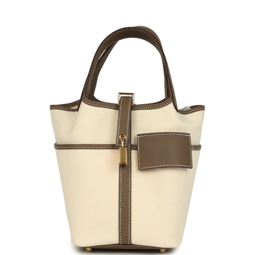 Hermes Picotin Cargo 18 Ecru Toile Canvas and Etoupe Swift Gold Hardware