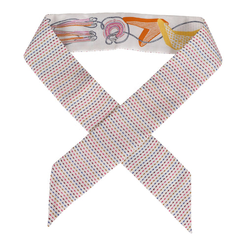 Hermes "Chevaloscope Pointille" White Silk Twilly Pair