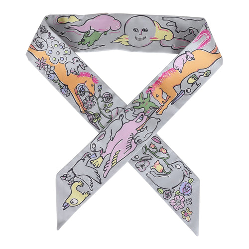 Hermes "Mille et Un Lapins" Gris Perle, Rose, Jaune Silk Twilly