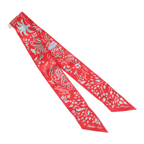 Hermes "Isola Di Primavera" Vert, Bleu and Grenadine Multi Silk Twilly Pair