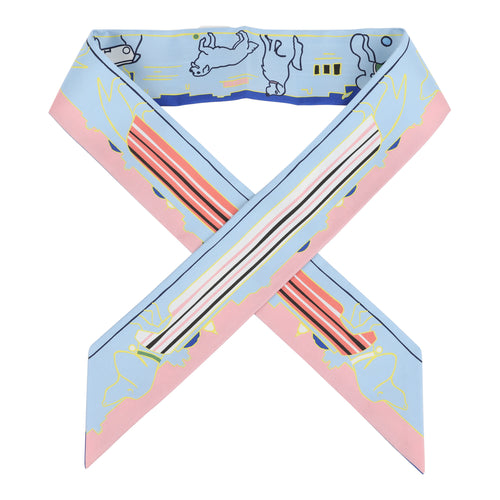 Hermes "Les Chiens Parisiens" Jaune, Bleu Ciel and Rose Multi Silk Twilly Pair