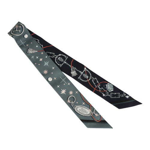 Hermes "C'est La Fete" Ardoise, Rose Pale, Bleu Marine Multi Silk Twilly Pair