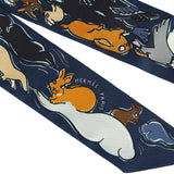 Hermes "Mille et Un Lapins" Marine, Cobalt and Miel Silk Twilly