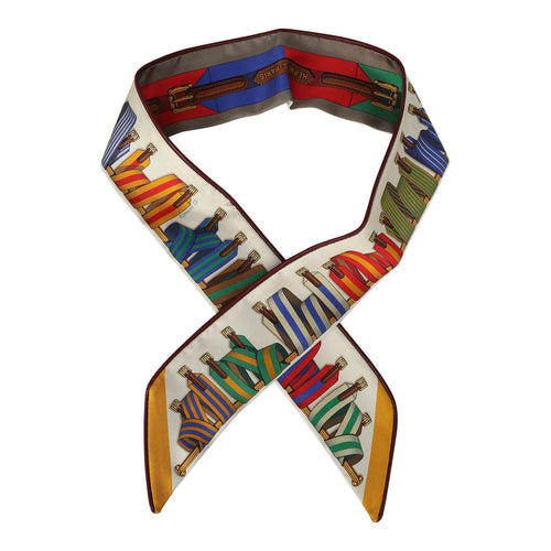 Hermes "Les Sangles" Forever Vert, Miel and Rouge Multi Silk Twilly Pair