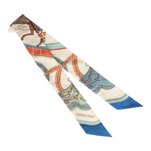 Hermes "Grand Apparat" Creme, Bleu, Terracotta Multi Silk Twilly Pair