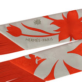 Hermes "Bouquet Final" Gris Perle and Vermillon Fringe Silk Twilly