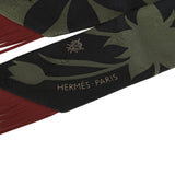 Hermes "Bouquet Final" Vert Loden and Black Fringe Silk Twilly