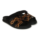 Hermes Leopard Print Chypre Techno Sandals Gold & Black Moire, Calfskin & Suede Palladium Hardware 37 EU