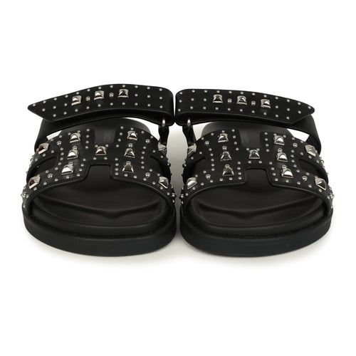 Hermes Chypre Techno Sandals Black Studded Calfskin Palladium Hardware 38 EU