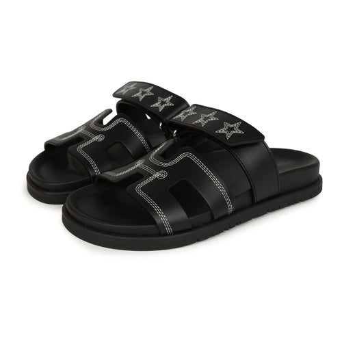 Hermes Embroidered Chypre Techno Sandals Black Calfskin Palladium Hardware 36 EU