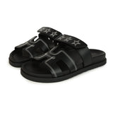 Hermes Embroidered Chypre Techno Sandals Black Calfskin Palladium Hardware 36 EU