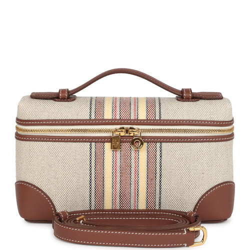 Loro Piana Extra Pocket L19 Pouch Record and Caramel Sugar Canvas Stripes Gold Hardware