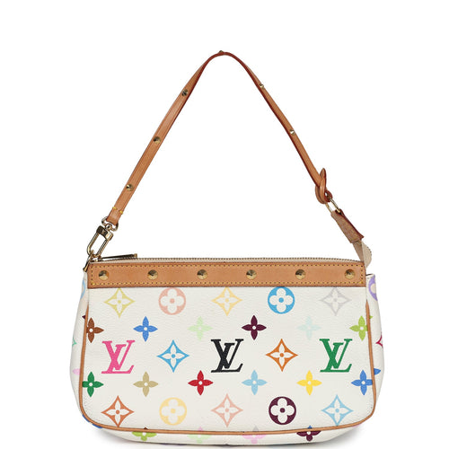 Vintage Louis Vuitton White Multicolor Monogram Pochette Accessories Gold Hardware