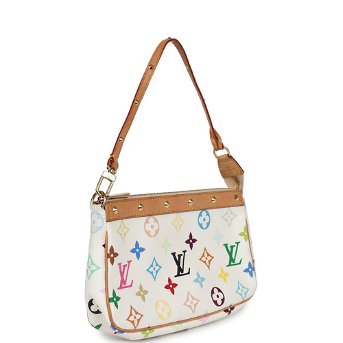 Vintage Louis Vuitton White Multicolor Monogram Pochette Accessories Gold Hardware
