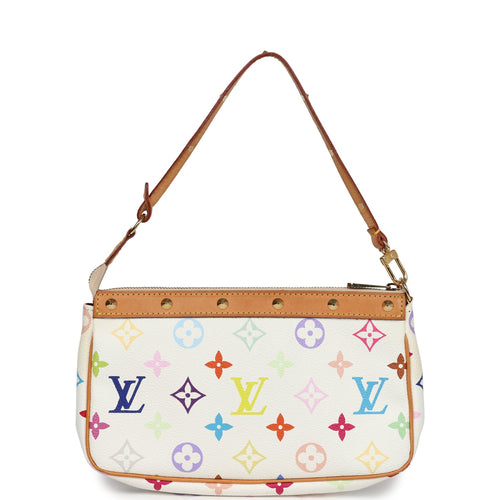 Vintage Louis Vuitton White Multicolor Monogram Pochette Accessories Gold Hardware