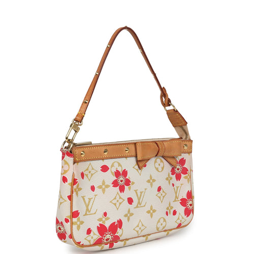 Vintage Louis Vuitton x Takashi Murakami Red and Creme Monogram Cherry Blossom Pochette Gold Hardware