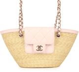 Chanel Small Shopping Tote Bag Beige Raffia and Light Pink Lambskin Light Gold Hardware