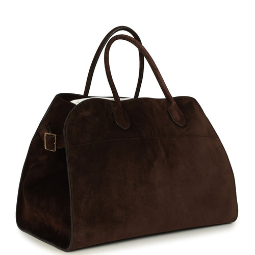 The Row Soft Margaux 15 Bag Mocha Suede Gold Hardware