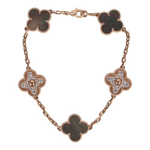 Van Cleef & Arpels Vintage Alhambra 5 Motif Bracelet Mother of Pearl Diamonds & 18K Rose Gold Hardware